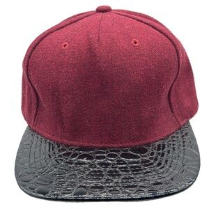 KBETHOS Burgundy Wool Strapback Cap Faux Croc Leather Brim Hat